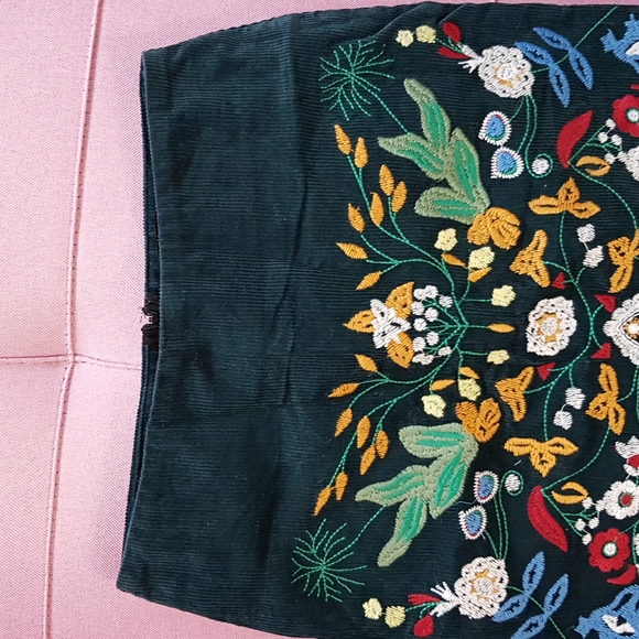 New Embroidered Mini Teal Corduroy Skirt - Picture 5 of 17
